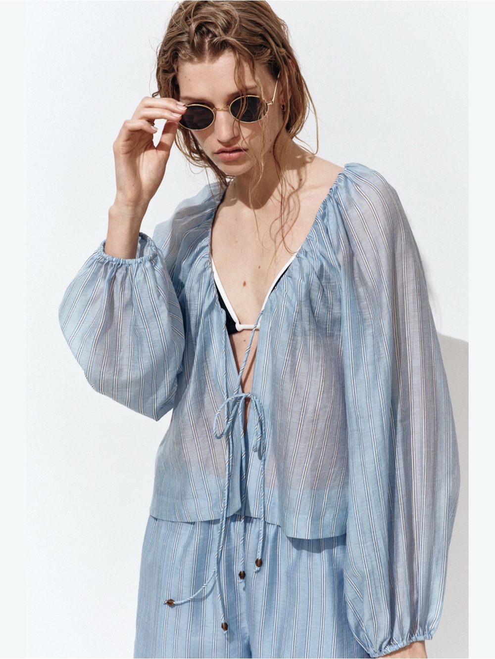 H&M Sheer Light Blue Striped Swim Coverup Top